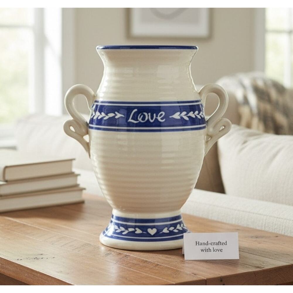 Graystone Pottery Handmade Artisan Vase Love Hearts Handles Beige and Blue 8.5"